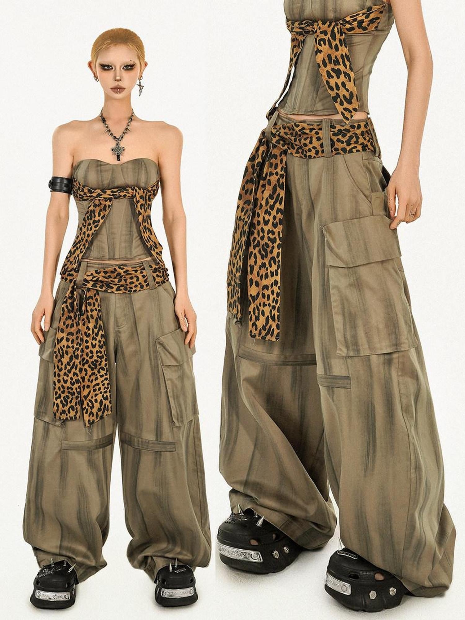 Nico Molly Light Brown Vintage Leopard Print Cargo High Waist Pocket Women's Wide-leg Pants