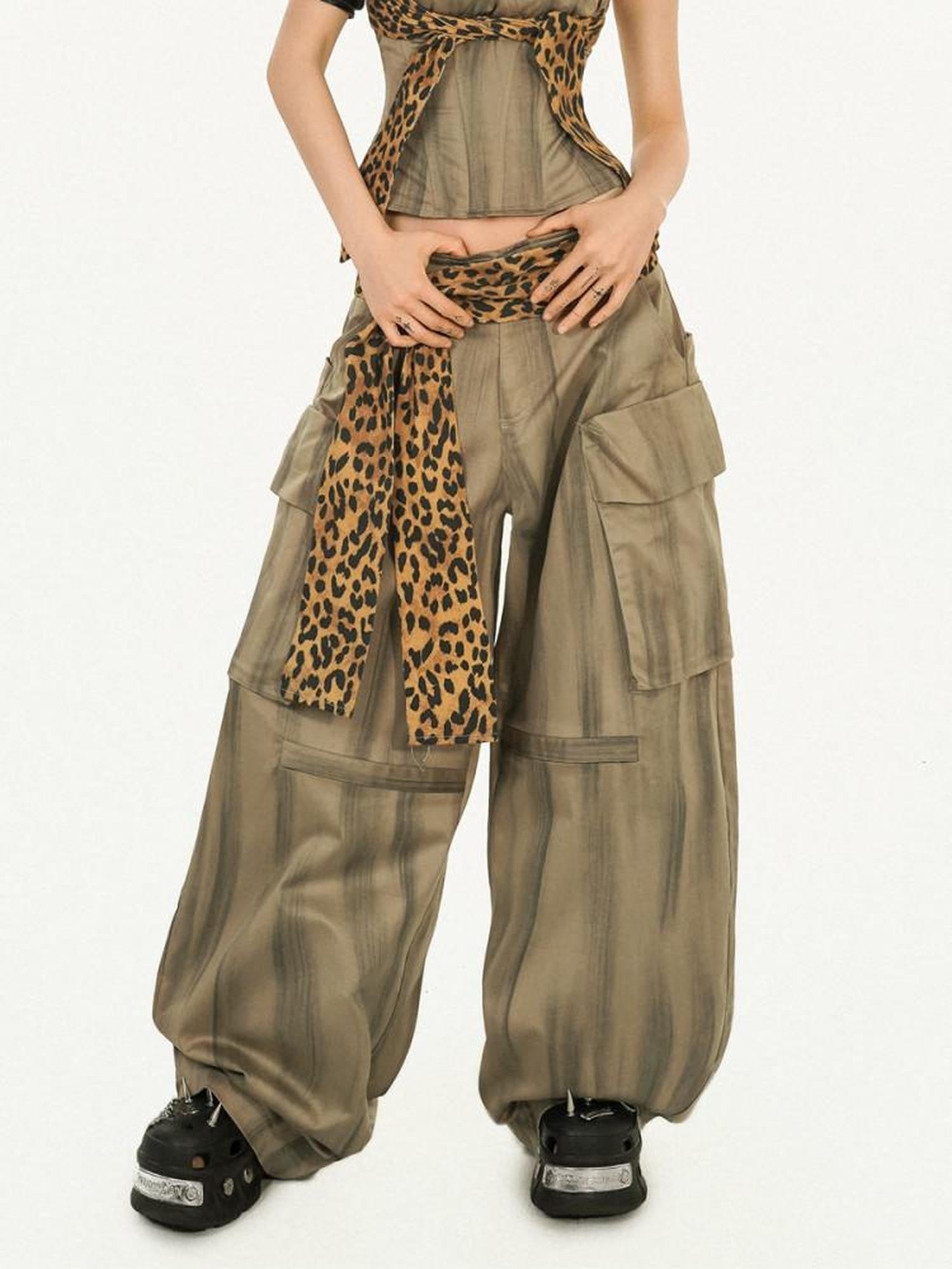 Nico Molly Light Brown Vintage Leopard Print Cargo High Waist Pocket Women's Wide-leg Pants