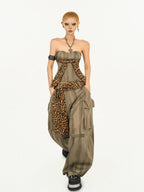 Nico Molly Light Brown Vintage Leopard Print Cargo High Waist Pocket Women's Wide-leg Pants