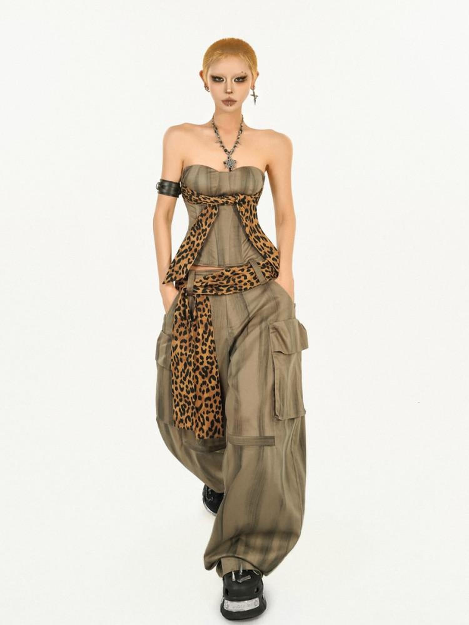 Nico Molly Light Brown Vintage Leopard Print Cargo High Waist Pocket Women's Wide-leg Pants