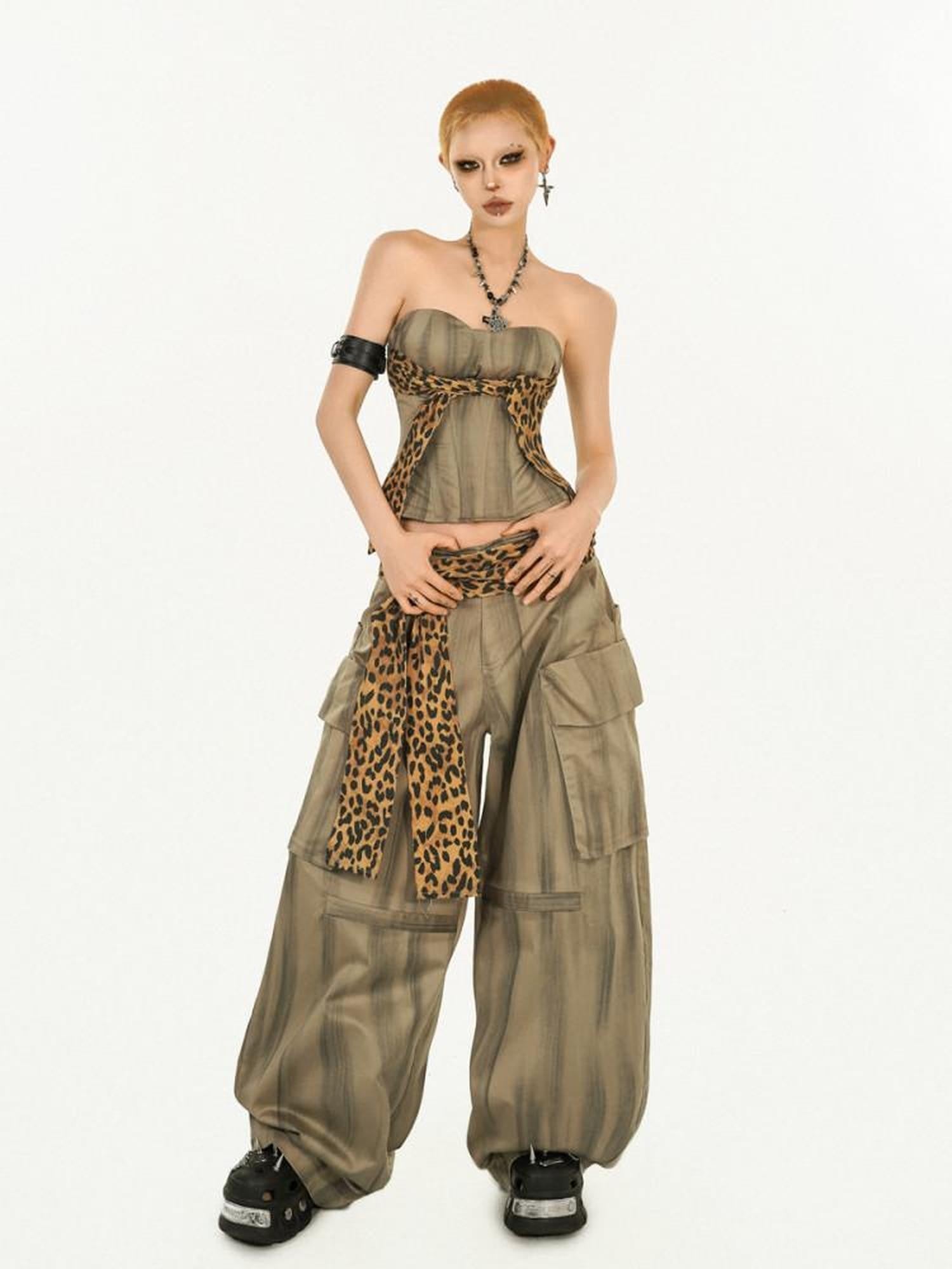 Nico Molly Light Brown Vintage Leopard Print Cargo High Waist Pocket Women's Wide-leg Pants