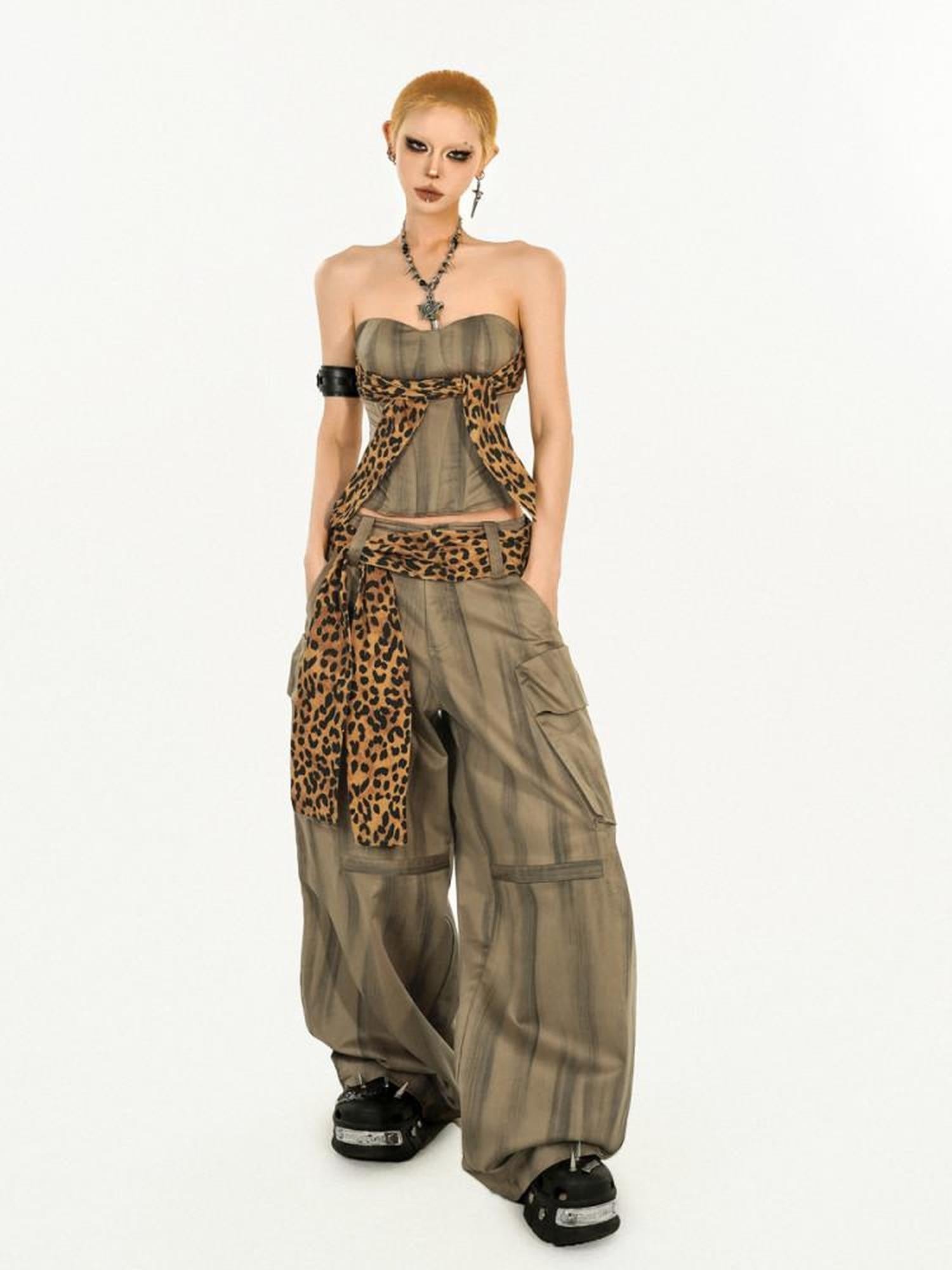 Nico Molly Light Brown Vintage Leopard Print Cargo High Waist Pocket Women's Wide-leg Pants