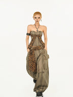 Nico Molly Light Brown Vintage Leopard Print Cargo High Waist Pocket Women's Wide-leg Pants