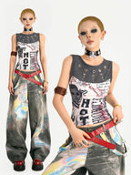 Nico Molly Light Punk Graffiti Print Patchwork Slim Fit Round Neck Women's Tank Tops