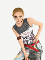 Nico Molly Light Punk Graffiti Print Patchwork Slim Fit Round Neck Women's Tank Tops