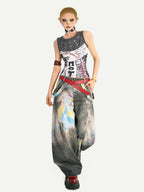 Nico Molly Light Punk Graffiti Print Patchwork Slim Fit Round Neck Women's Tank Tops
