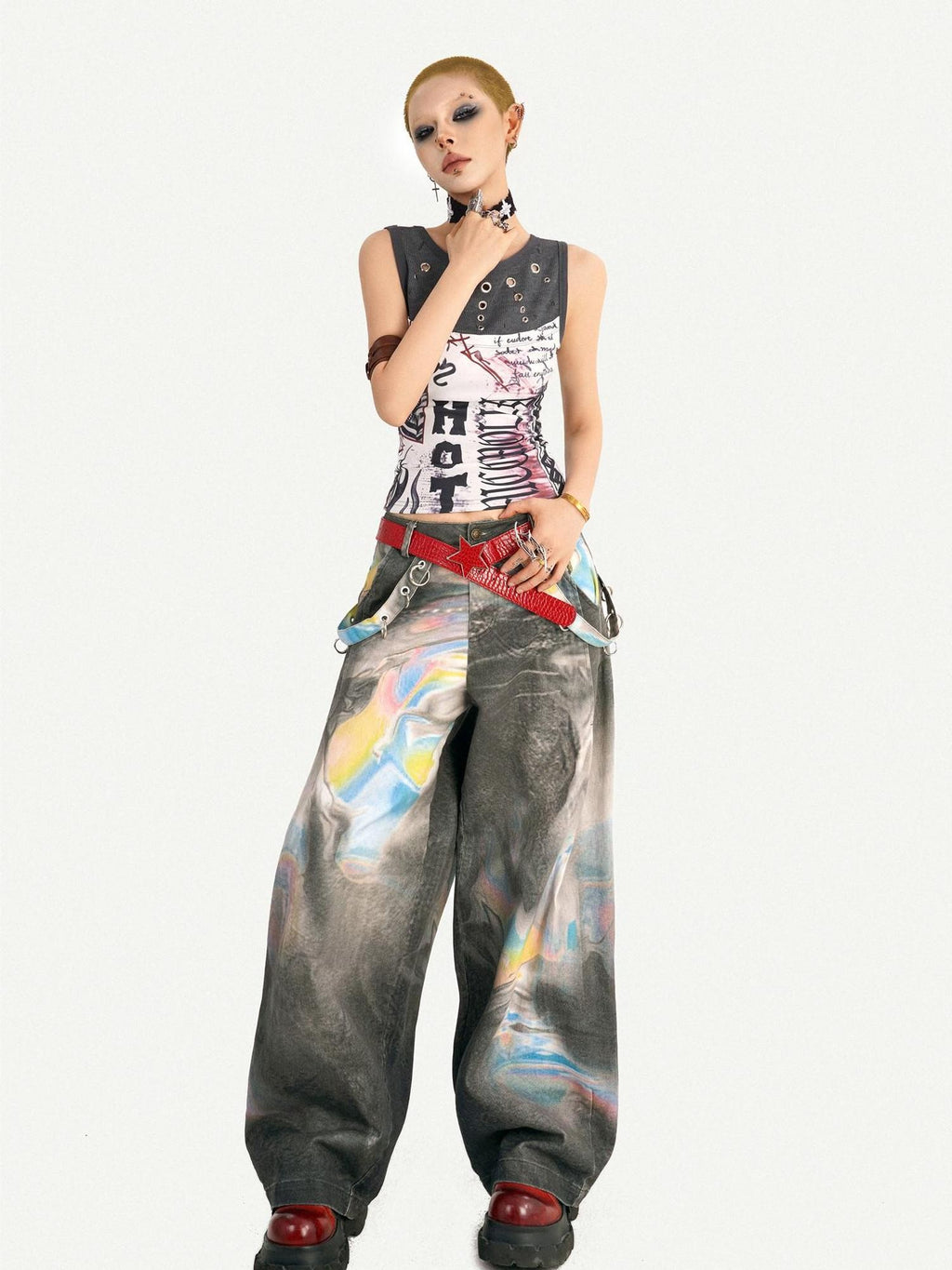Nico Molly Light Punk Graffiti Print Patchwork Slim Fit Round Neck Women's Tank Tops