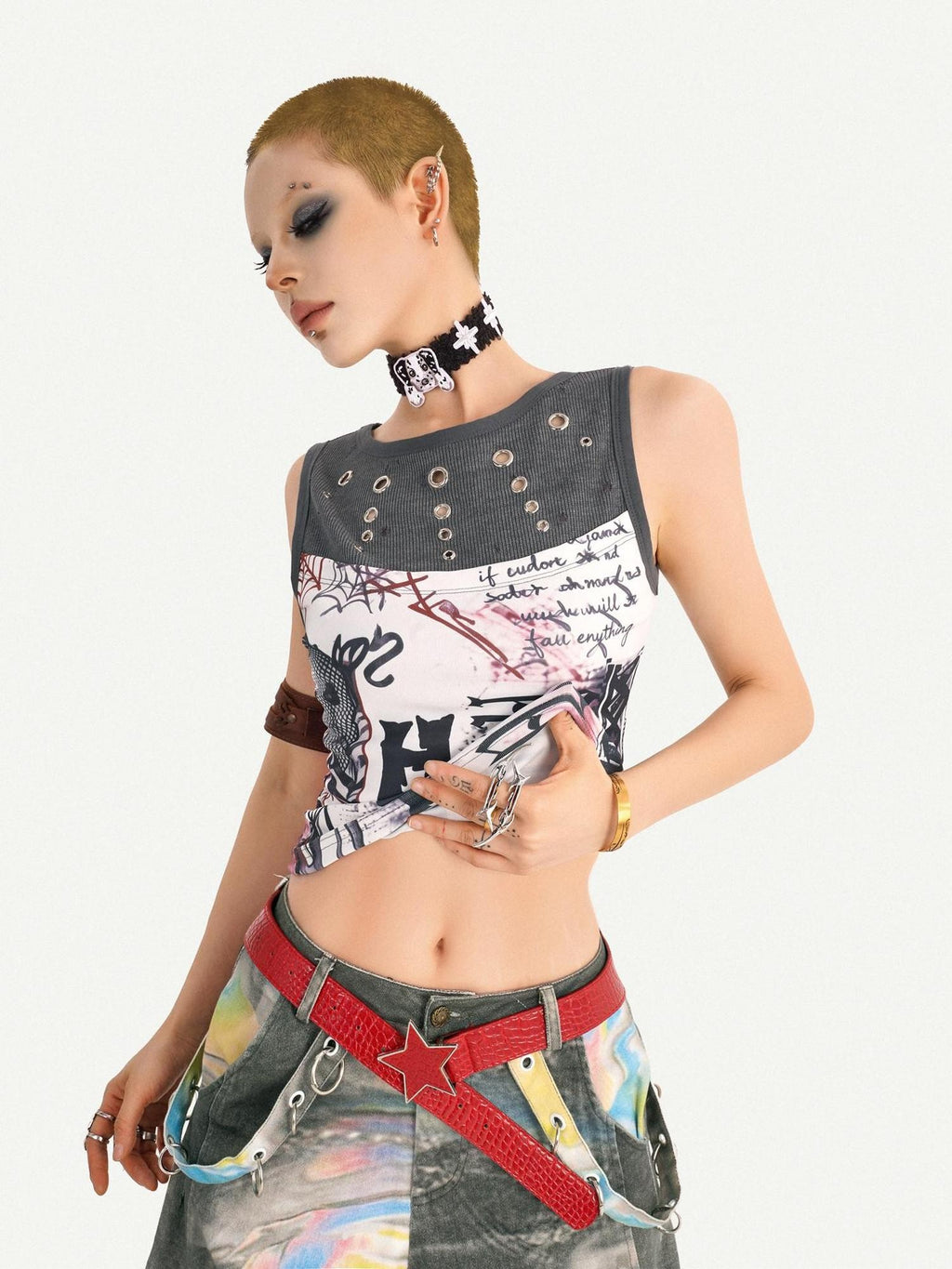 Nico Molly Light Punk Graffiti Print Patchwork Slim Fit Round Neck Women's Tank Tops