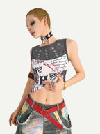 Nico Molly Light Punk Graffiti Print Patchwork Slim Fit Round Neck Women's Tank Tops