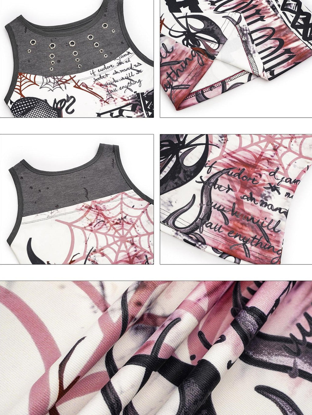 Nico Molly Light Punk Graffiti Print Patchwork Slim Fit Round Neck Women's Tank Tops
