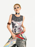Nico Molly Light Punk Graffiti Print Patchwork Slim Fit Round Neck Women's Tank Tops