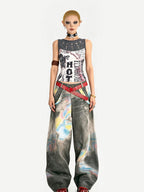 Nico Molly Light Punk Graffiti Print Patchwork Slim Fit Round Neck Women's Tank Tops