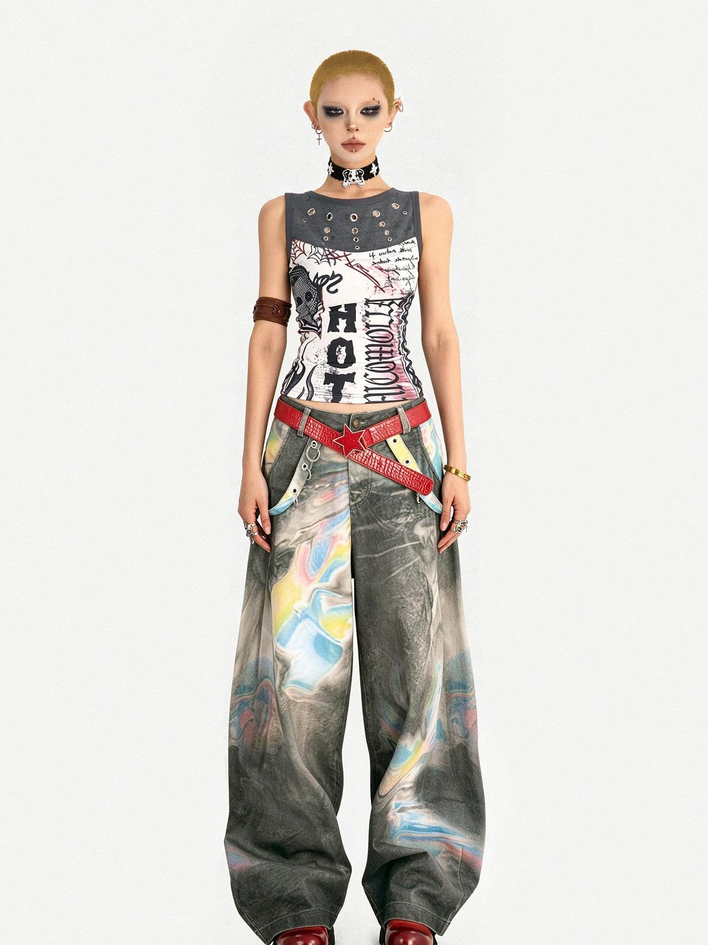 Nico Molly Light Punk Graffiti Print Patchwork Slim Fit Round Neck Women's Tank Tops