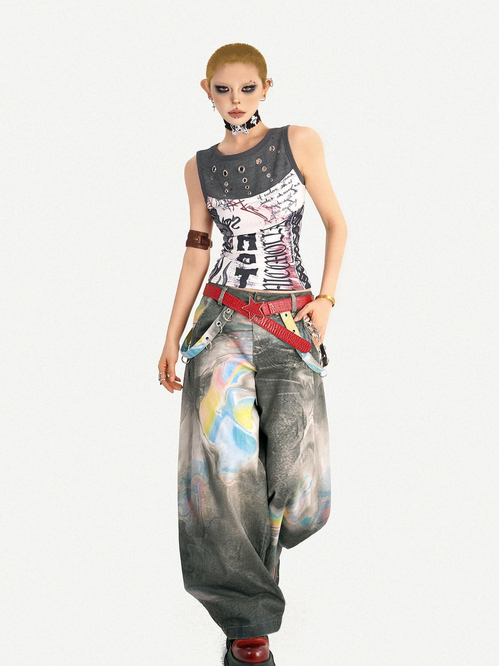 Nico Molly Light Punk Graffiti Print Patchwork Slim Fit Round Neck Women's Tank Tops