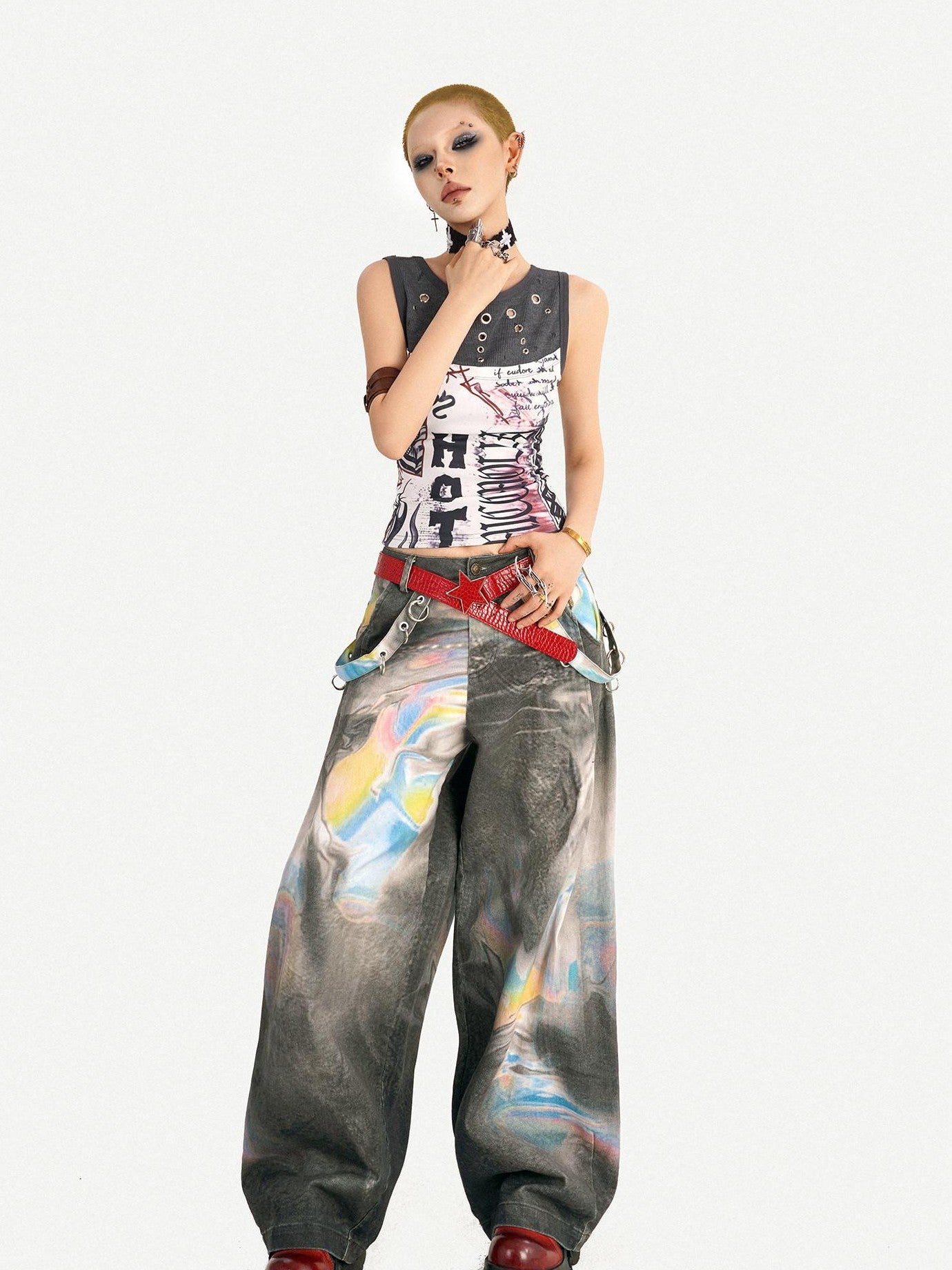 Nico Molly Light Punk Graffiti Print Patchwork Slim Fit Round Neck Women's Tank Tops