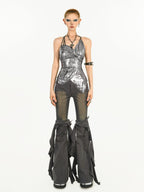 Nico Molly Liquid Metallic Asymmetric Halter Backless Techwear Women's Silver Camisoles
