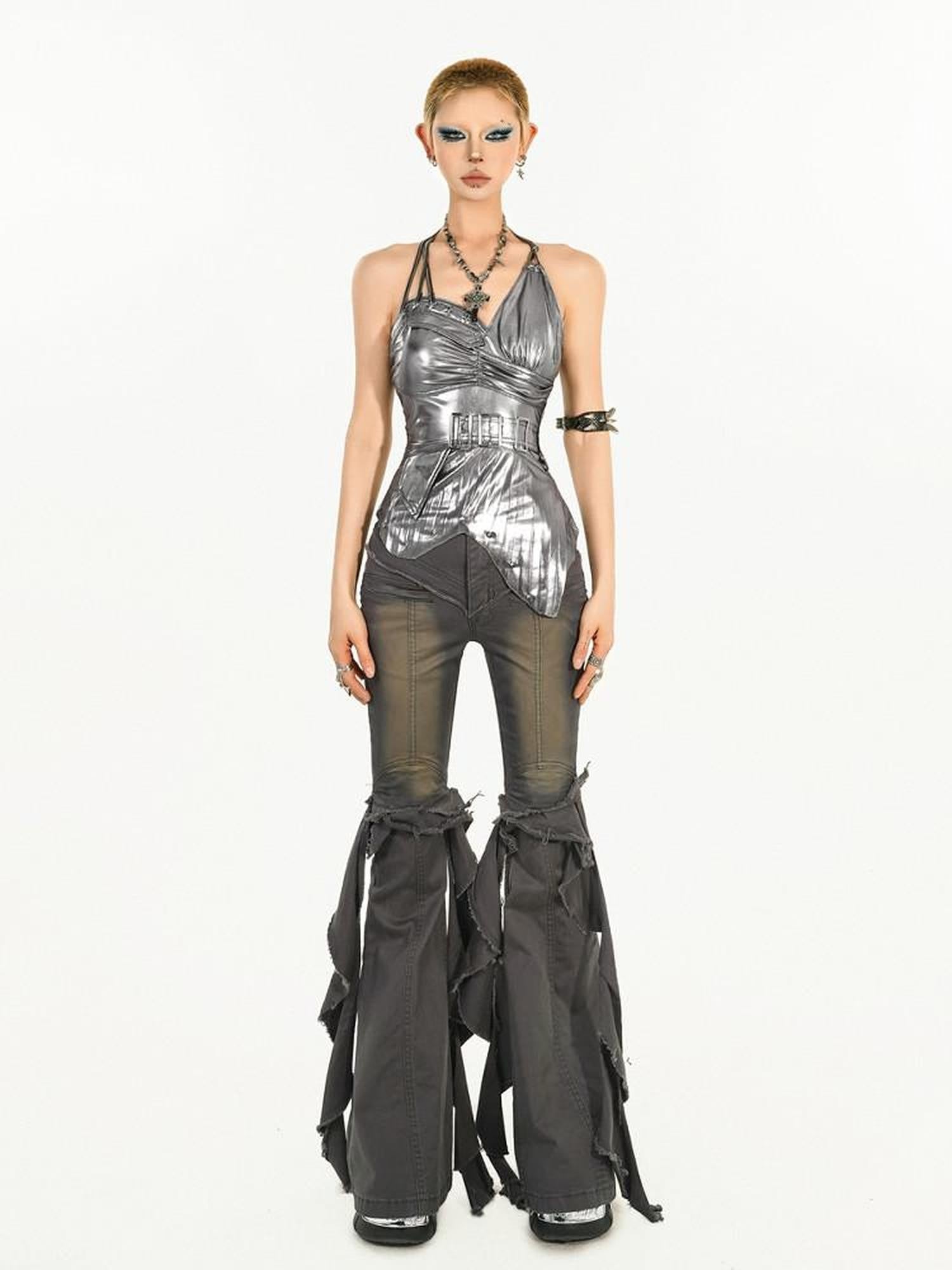 Nico Molly Liquid Metallic Asymmetric Halter Backless Techwear Women's Silver Camisoles