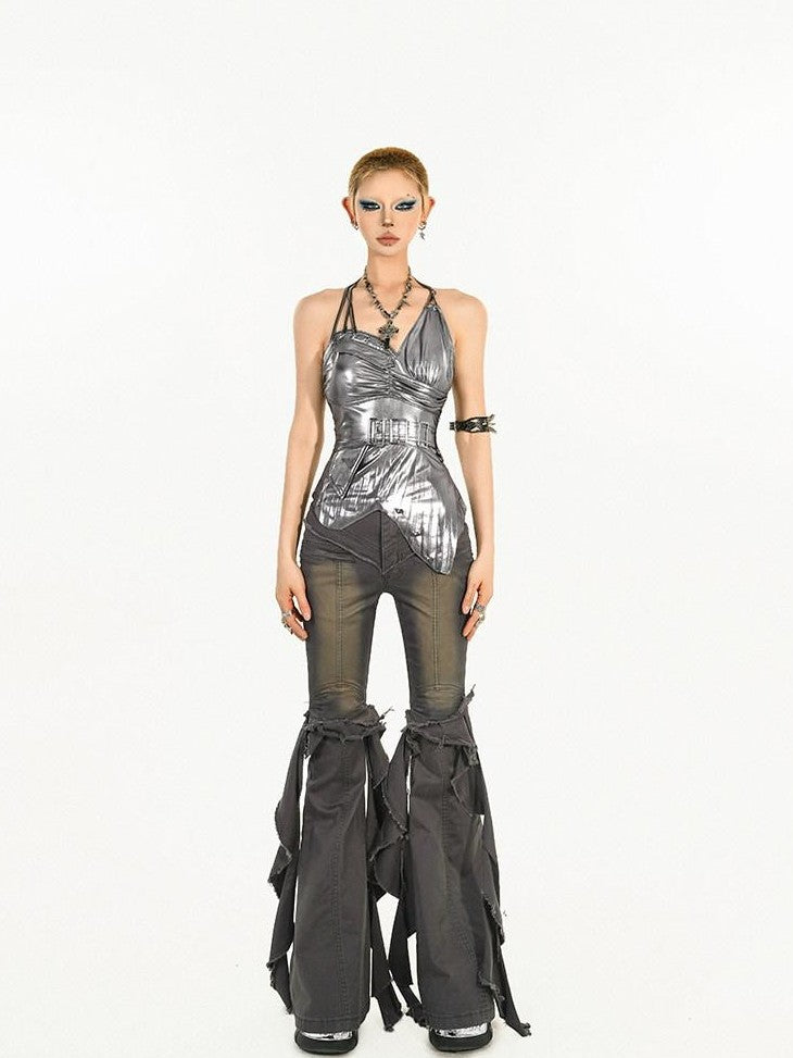 Nico Molly Liquid Metallic Asymmetric Halter Backless Techwear Women's Silver Camisoles