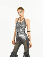 Nico Molly Liquid Metallic Asymmetric Halter Backless Techwear Women's Silver Camisoles