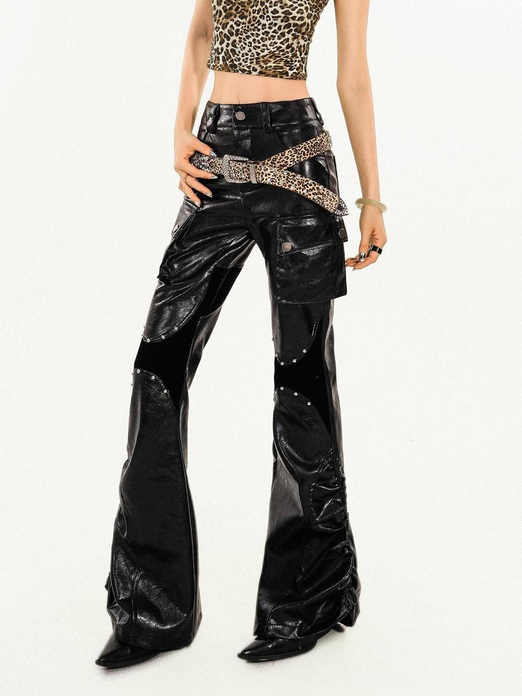 Nico Molly Mechanical Cargo Pocket Low Waist Flare Women's Pu Leather Pants