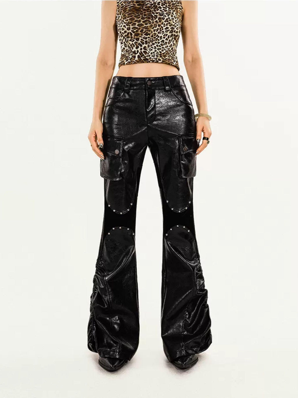 Nico Molly Mechanical Cargo Pocket Low Waist Flare Women's Pu Leather Pants