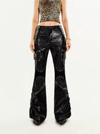 Nico Molly Mechanical Cargo Pocket Low Waist Flare Women's Pu Leather Pants