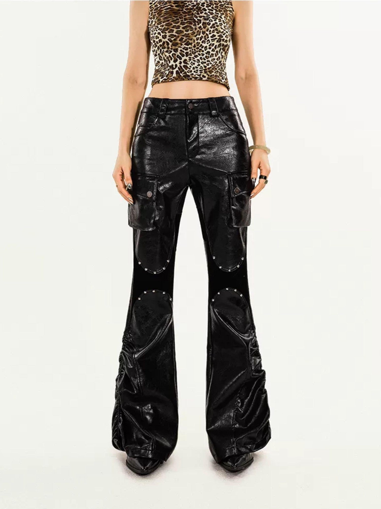 Nico Molly Mechanical Cargo Pocket Low Waist Flare Women's Pu Leather Pants
