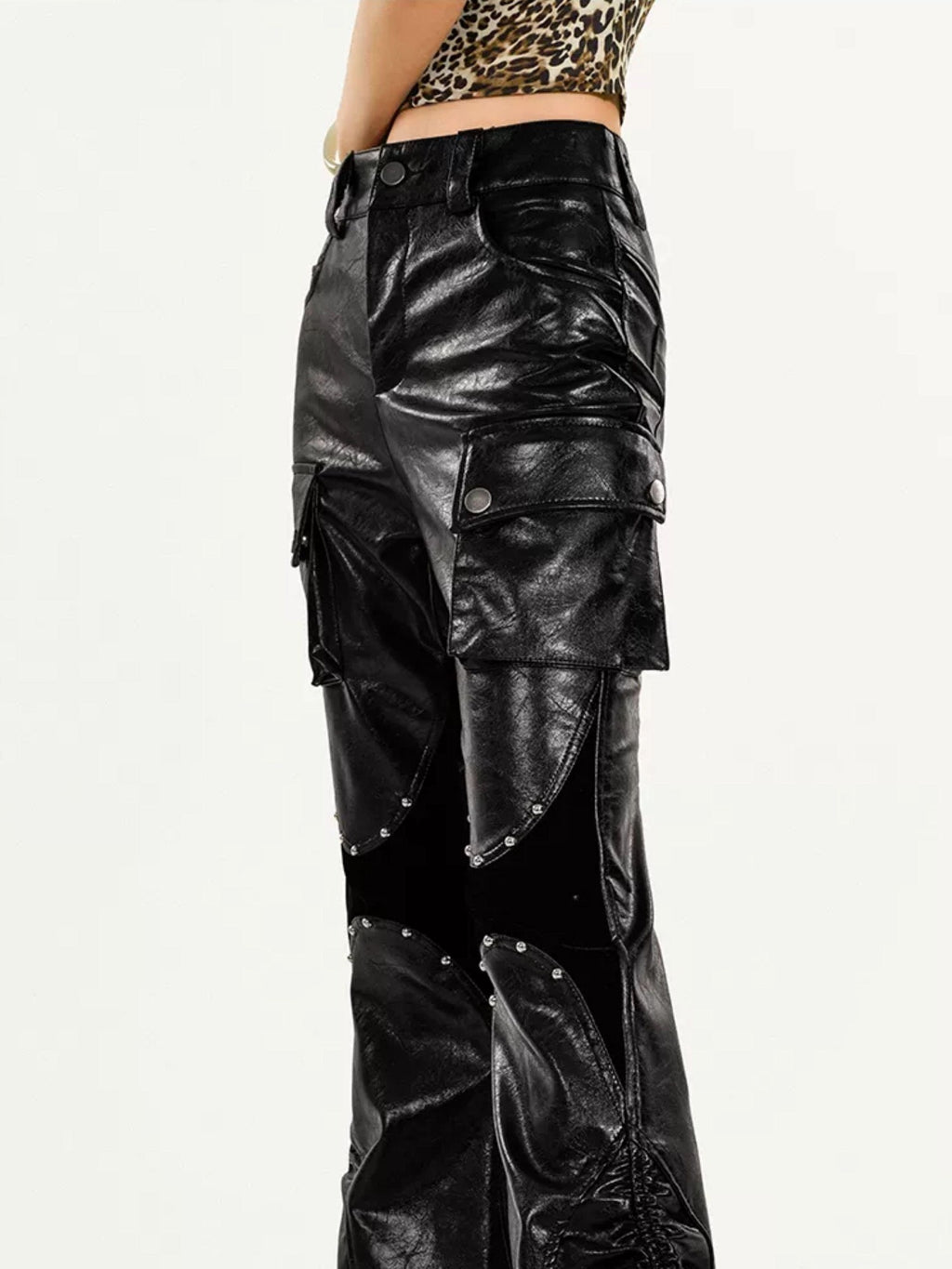 Nico Molly Mechanical Cargo Pocket Low Waist Flare Women's Pu Leather Pants