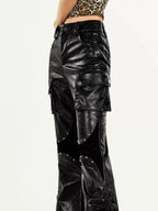 Nico Molly Mechanical Cargo Pocket Low Waist Flare Women's Pu Leather Pants