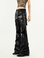 Nico Molly Mechanical Cargo Pocket Low Waist Flare Women's Pu Leather Pants