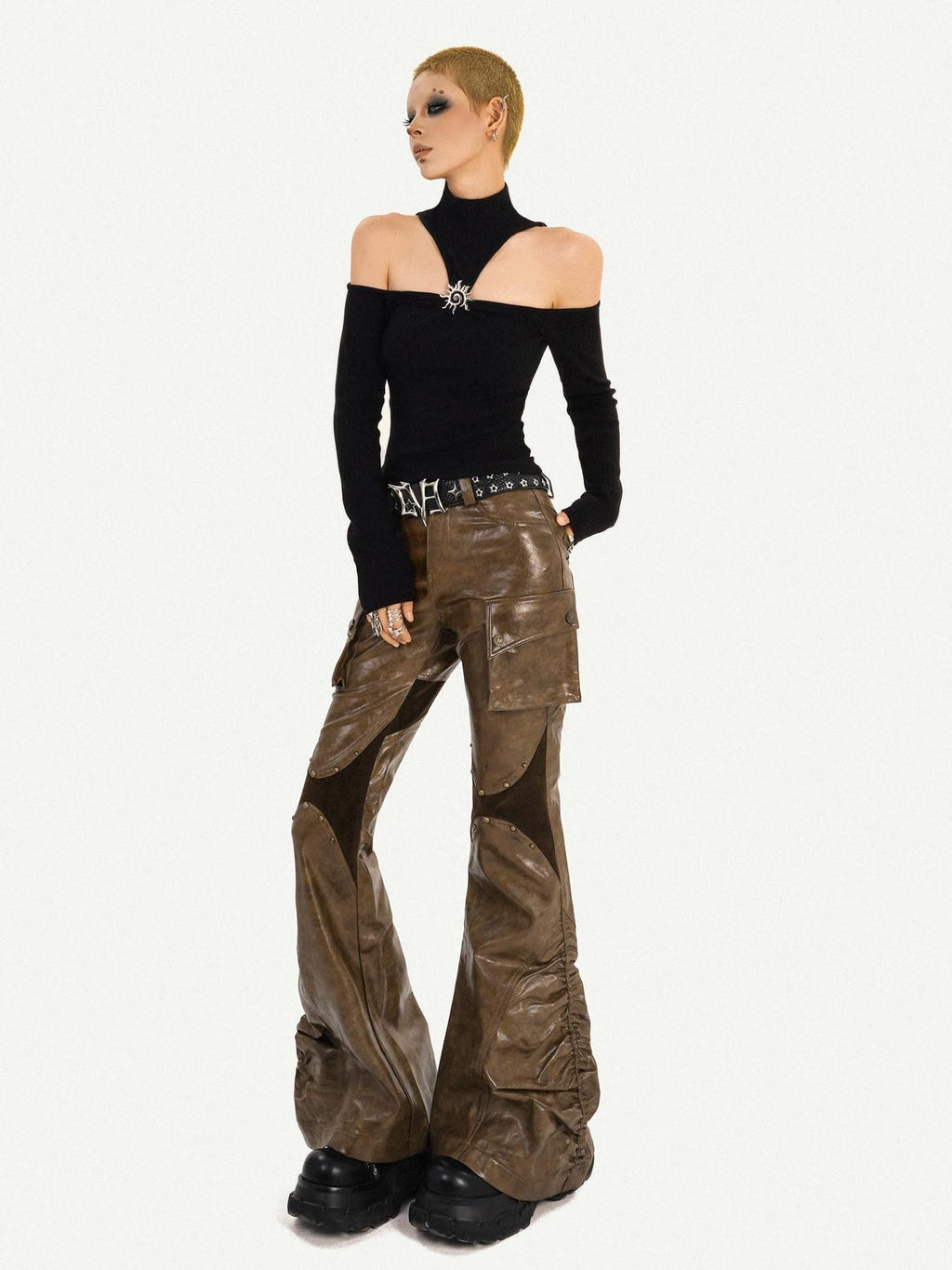Nico Molly Mechanical Cargo Pocket Low Waist Flare Women's Pu Leather Pants