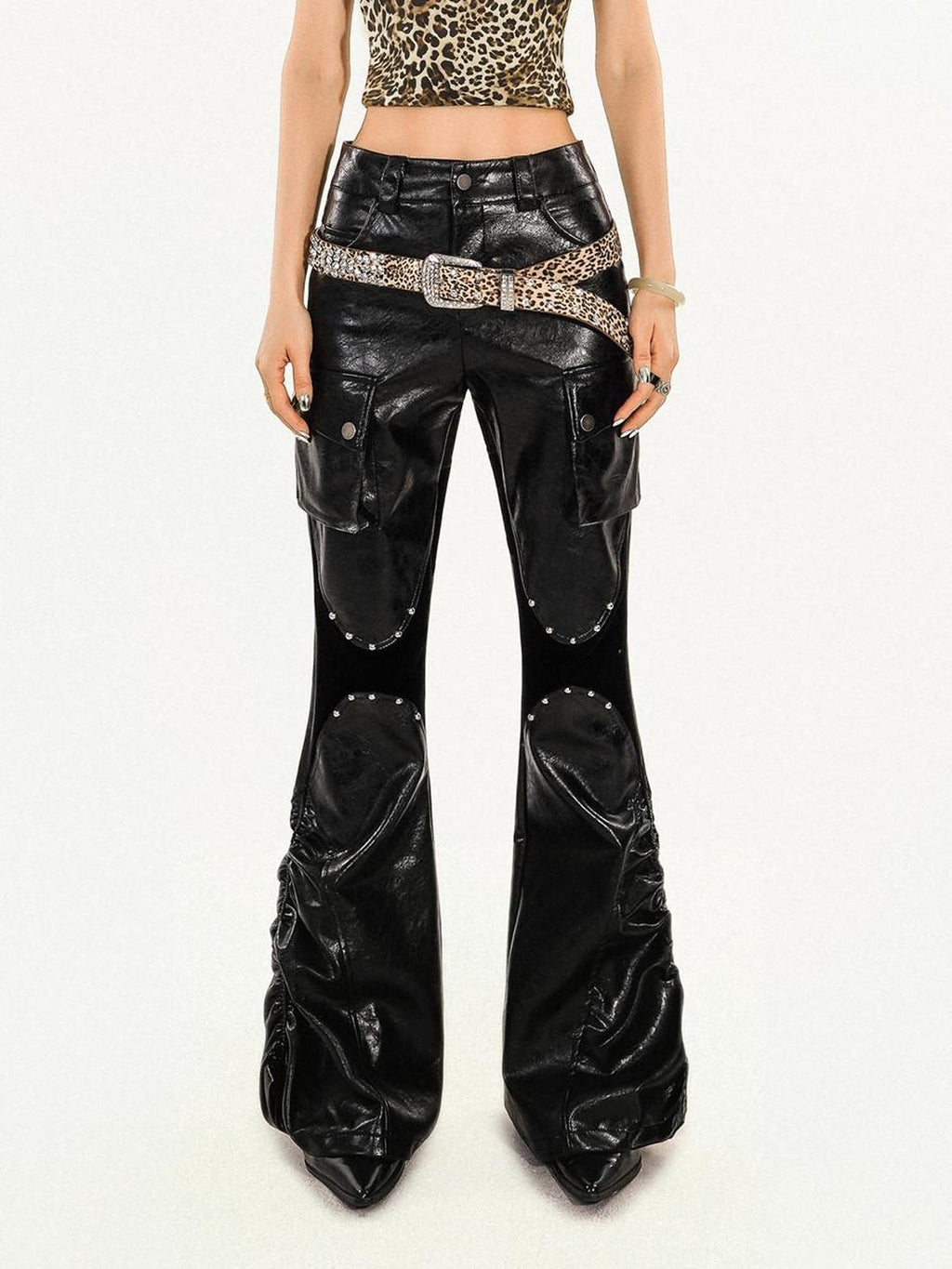 Nico Molly Mechanical Cargo Pocket Low Waist Flare Women's Pu Leather Pants