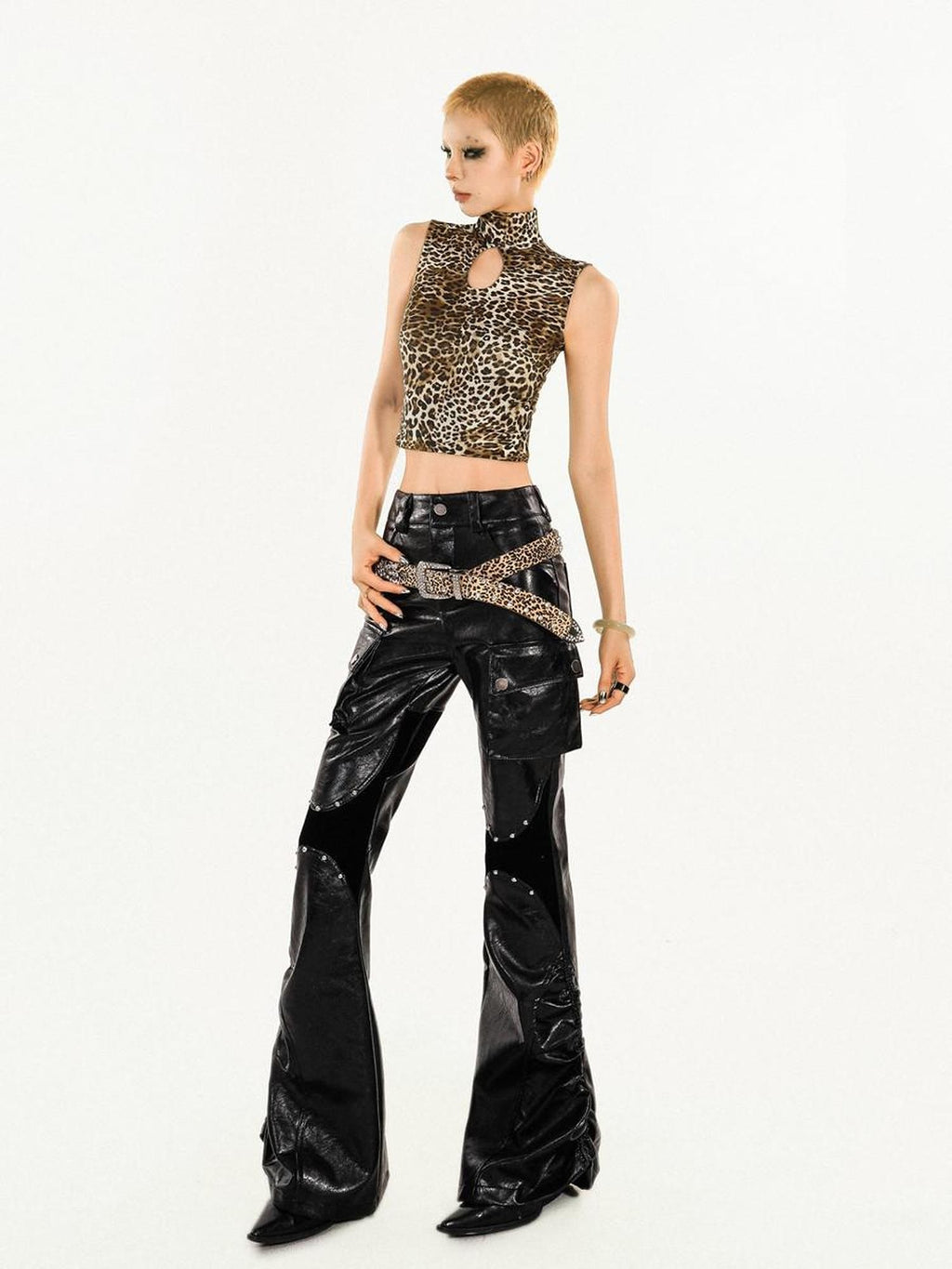 Nico Molly Mechanical Cargo Pocket Low Waist Flare Women's Pu Leather Pants