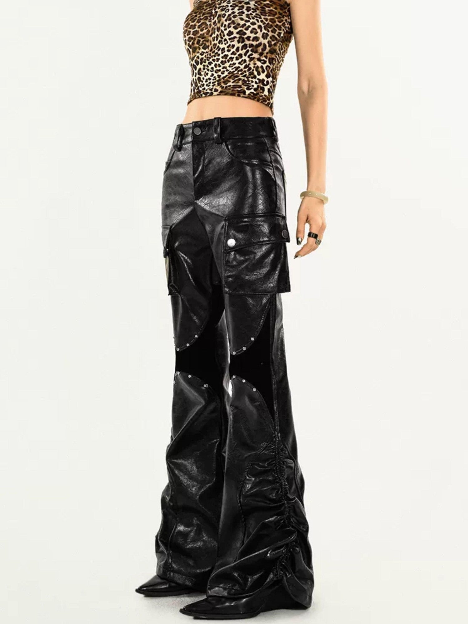 Nico Molly Mechanical Cargo Pocket Low Waist Flare Women's Pu Leather Pants