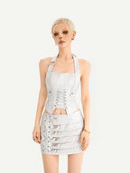 Nico Molly Metallic Halter Tie Leather Bustier Cropped Slim Women's Silver Tank Tops