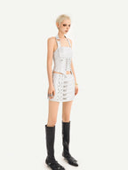 Nico Molly Metallic Halter Tie Leather Bustier Cropped Slim Women's Silver Tank Tops