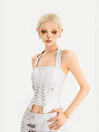 Nico Molly Metallic Halter Tie Leather Bustier Cropped Slim Women's Silver Tank Tops