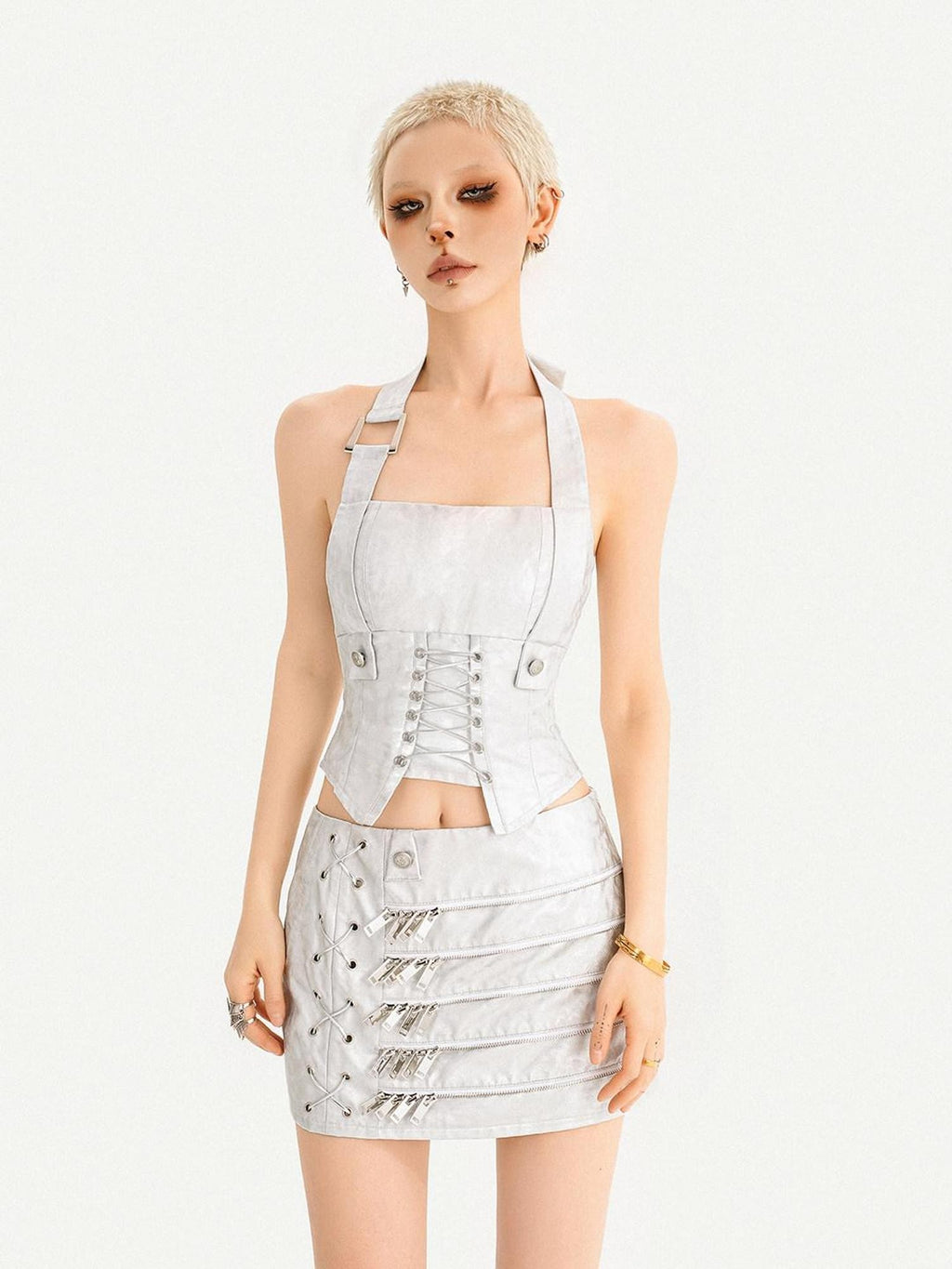 Nico Molly Metallic Halter Tie Leather Bustier Cropped Slim Women's Silver Tank Tops