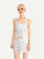 Nico Molly Metallic Halter Tie Leather Bustier Cropped Slim Women's Silver Tank Tops