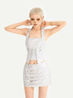 Nico Molly Metallic Halter Tie Leather Bustier Cropped Slim Women's Silver Tank Tops