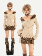 Nico Molly Oatmeal One Shoulder Cross Tie Fur Collar Vintage Knit Women's Viscose Sweaters