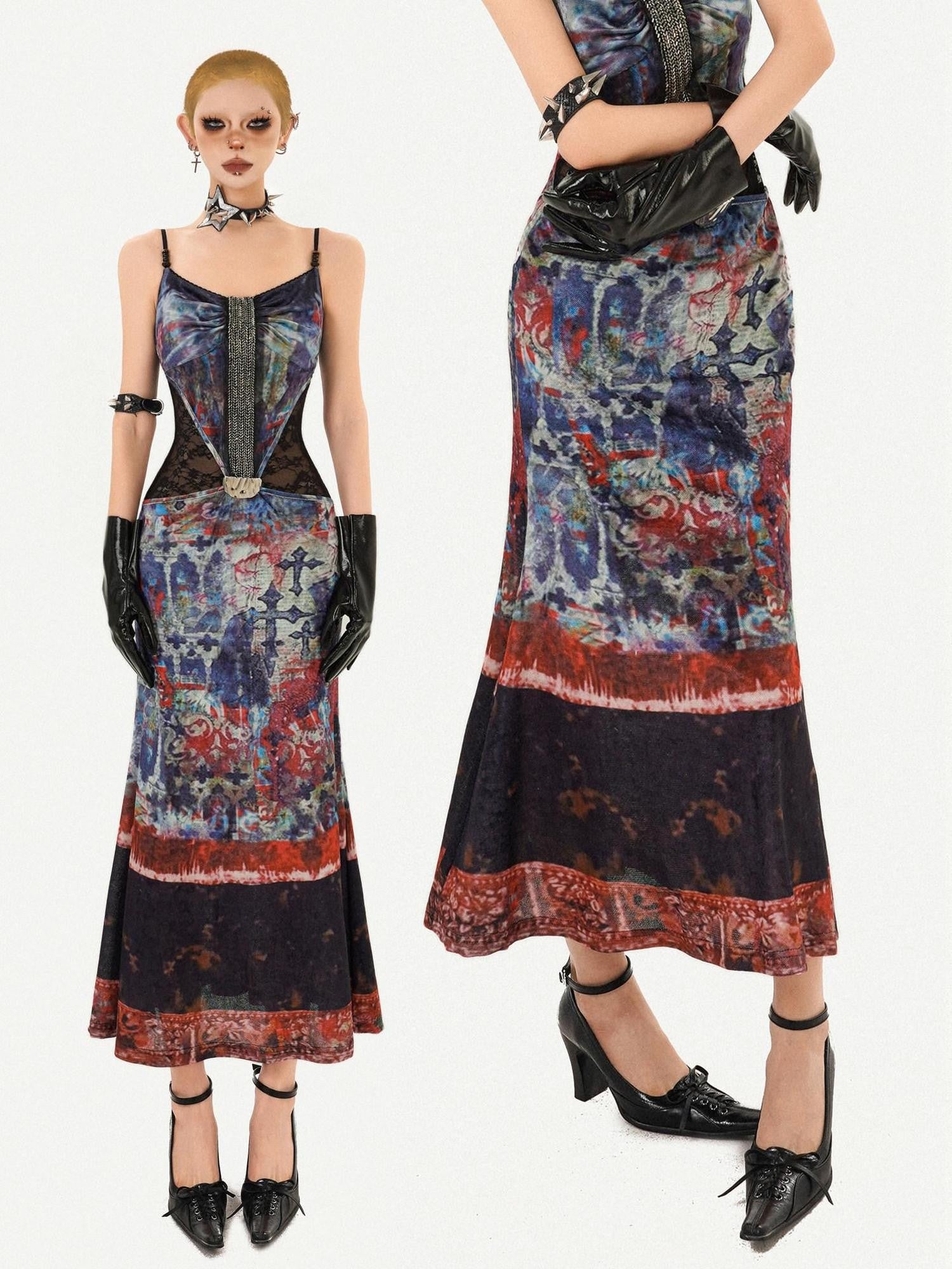 Nico Molly Oil Painting Print Mesh Lace Mermaid Women's Slip Maxi Dresses