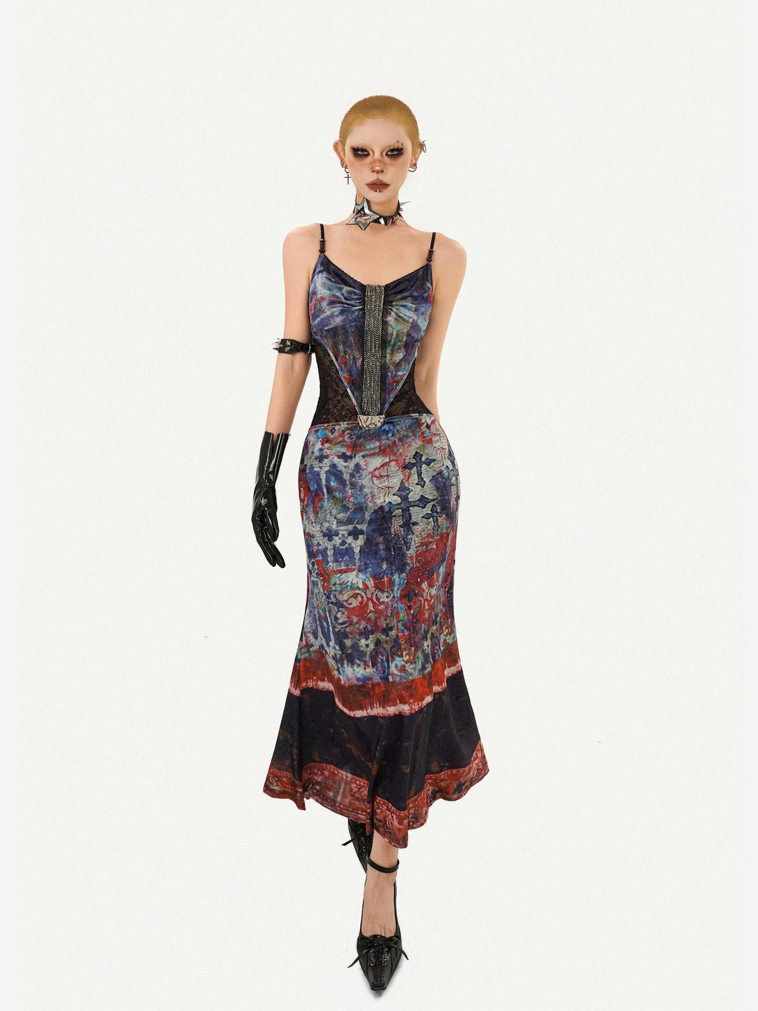 Nico Molly Oil Painting Print Mesh Lace Mermaid Women's Slip Maxi Dresses