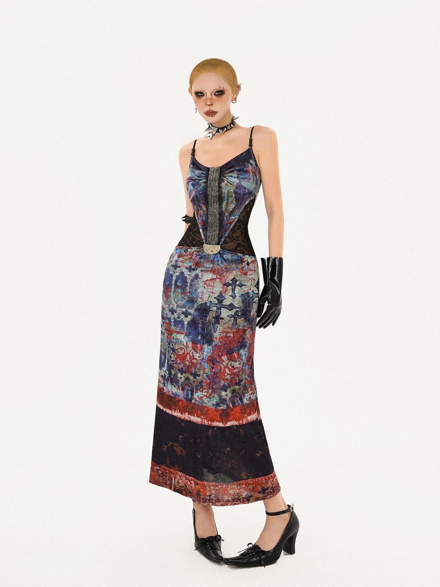 Nico Molly Oil Painting Print Mesh Lace Mermaid Women's Slip Maxi Dresses
