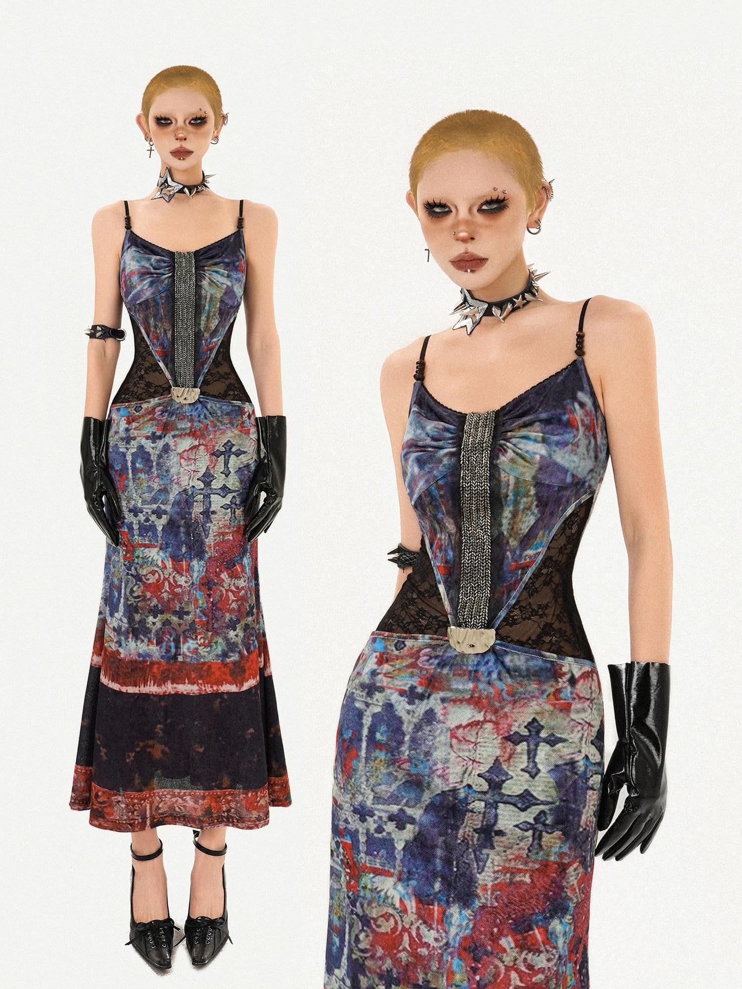 Nico Molly Oil Painting Print Mesh Lace Mermaid Women's Slip Maxi Dresses