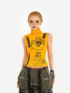 Nico Molly Orange Letter Print Zipper High Neck Cropped Slim Women's Tank Tops