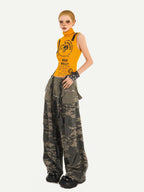 Nico Molly Orange Letter Print Zipper High Neck Cropped Slim Women's Tank Tops