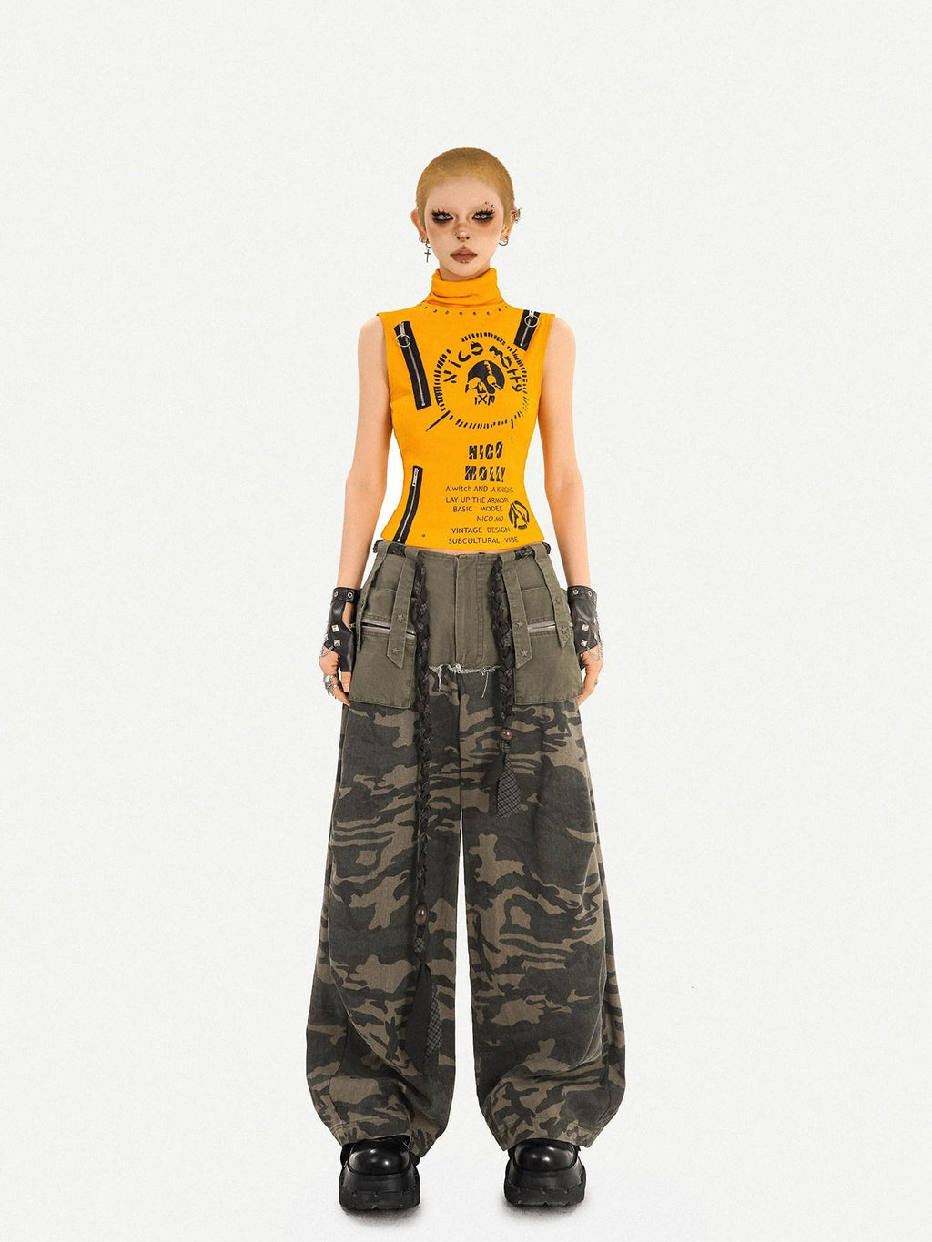 Nico Molly Orange Letter Print Zipper High Neck Cropped Slim Women's Tank Tops