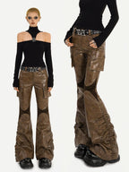 Nico Molly Patchwork Spliced Vintage Slim Micro Flare Workwear Women's Pu Leather Pants