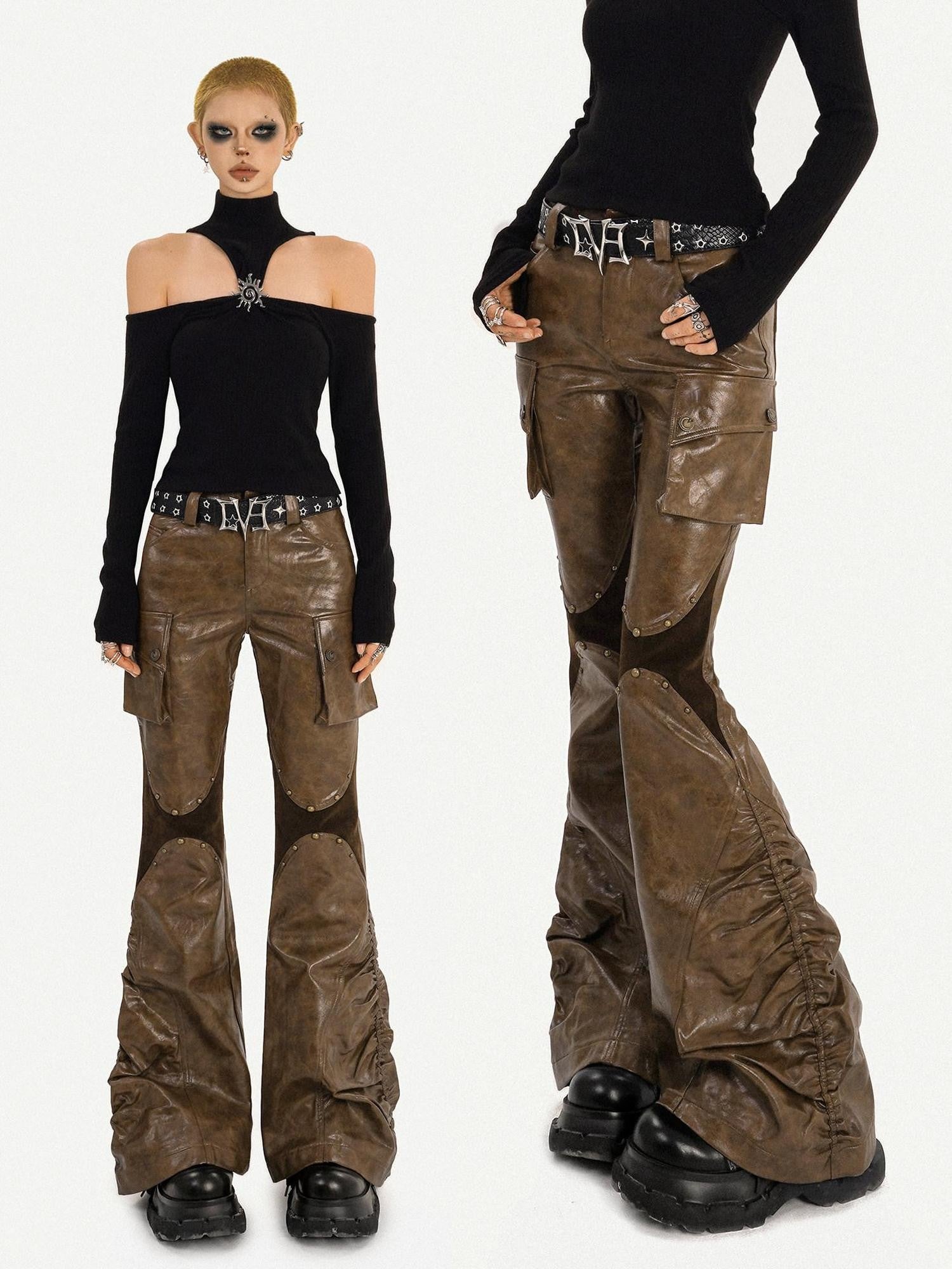 Nico Molly Patchwork Spliced Vintage Slim Micro Flare Workwear Women's Pu Leather Pants